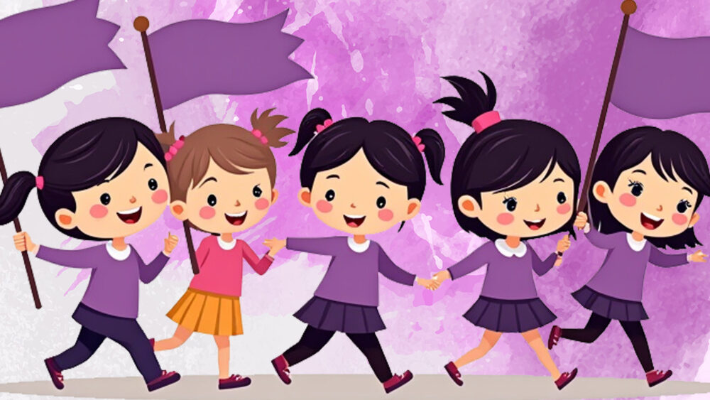 Illustration of children with asian features holding purple flags and marching together